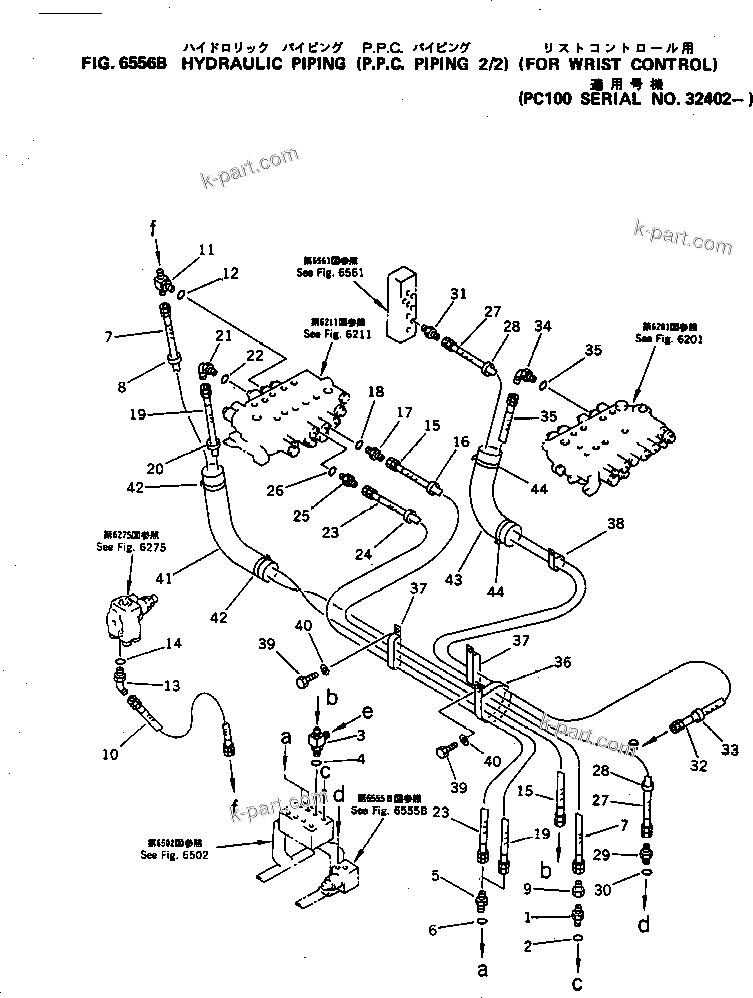 Komatsu parts book diagram for PC100-5 S/N 28001-UP: HYDRAULIC PIPING (P.P.C. PIPING 2/2) (FOR WRIST CONTROL LEVER)(#32402-)