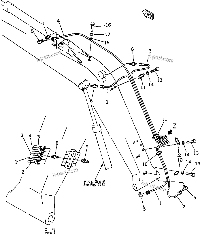 Komatsu parts book diagram for PC100-5 S/N 28001-UP: WORK EQUIPMENT LUBRICATION PIPING