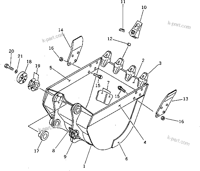 Komatsu parts book diagram for PC100-5 S/N 28001-UP: BUCKET WITH HOOK ? 0.4M3 WIDTH 830MM (VERTICAL PIN TYPE)          (EXCEPT JAPAN)