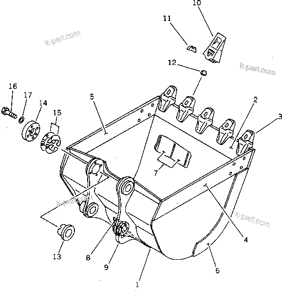 Komatsu parts book diagram for PC100-5 S/N 28001-UP: BUCKET WITH HOOK ? 0.5M3 WIDTH 1000MM (VERTICAL PIN TYPE)         (EXCEPT JAPAN)