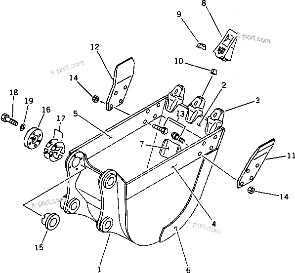 Komatsu parts book diagram for PC100-5 S/N 28001-UP: BUCKET ? 0.16M3 WIDTH 450MM (VERTICAL PIN TYPE)