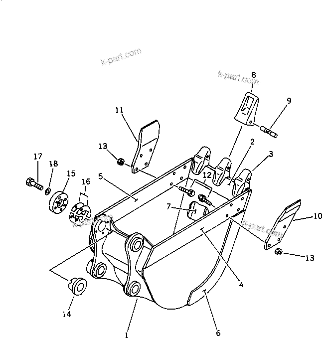 Komatsu parts book diagram for PC100-5 S/N 28001-UP: BUCKET ? 0.26M3 WIDTH 600MM (HORIZONTAL PIN TYPE)
