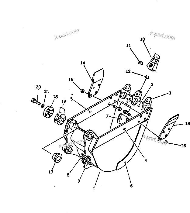Komatsu parts book diagram for PC100-5 S/N 28001-UP: BUCKET WITH HOOK ? 0.26M3 WIDTH 600MM (VERTICAL PIN TYPE)         (EXCEPT JAPAN)