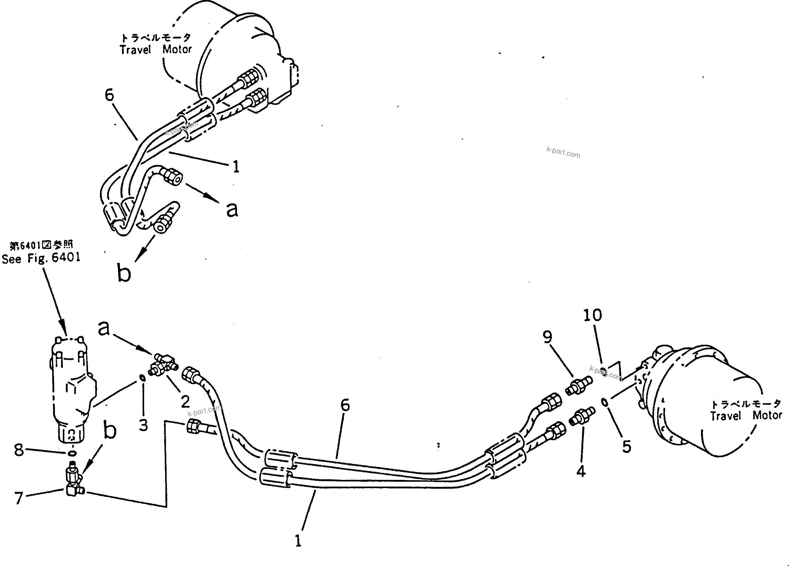 Komatsu parts book diagram for PC100-5 S/N 28001-UP: HYDRAULIC PIPING (TRAVEL MOTOR LINE) (LOWER 2/2)