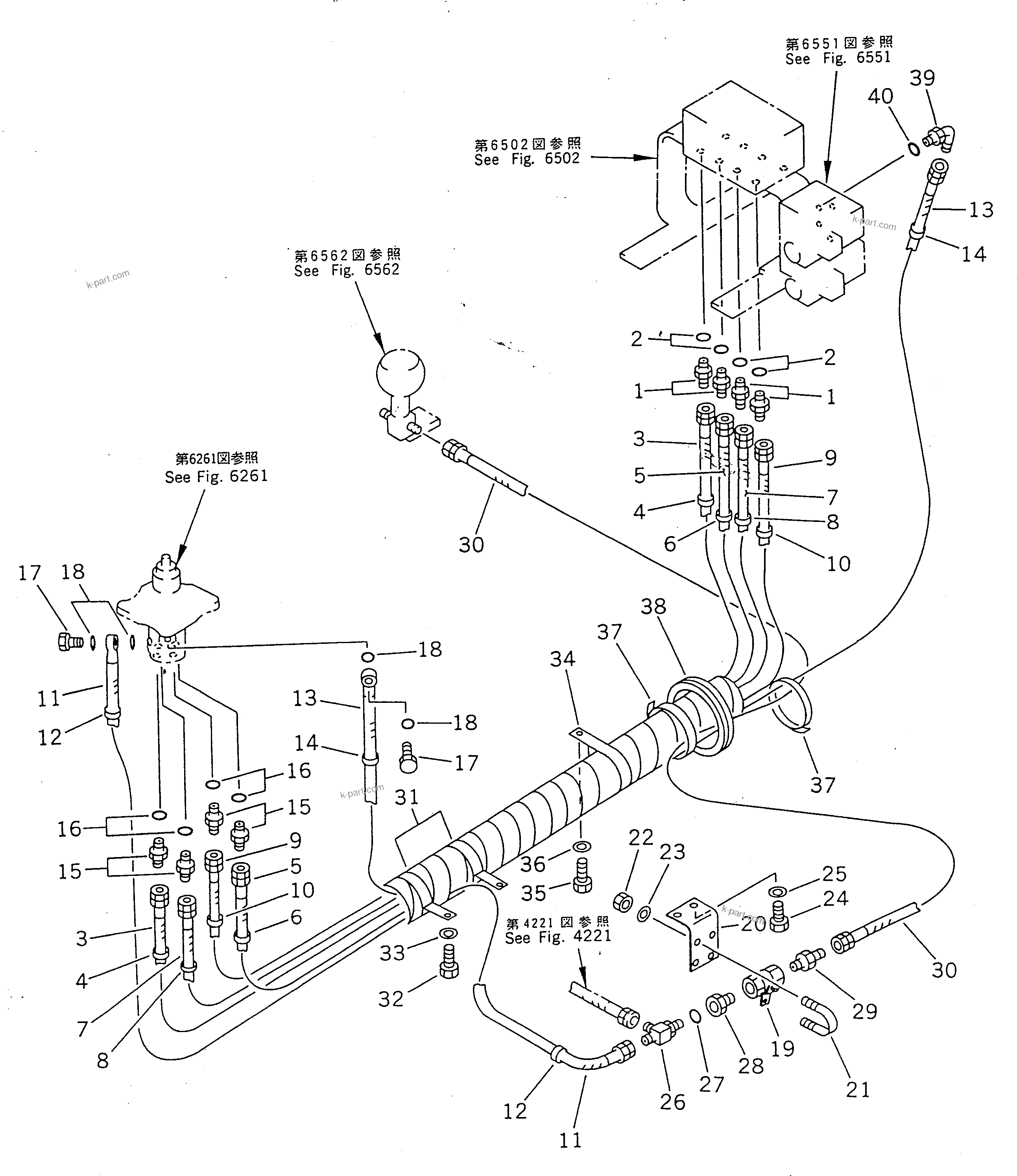 Komatsu parts book diagram for PC100-5 S/N 28001-UP: HYDRAULIC PIPING (WORK EQUIPMENT CONTROL ? L.H.) (FOR LONG LEVER  CONTROL) (KOMATSU PATTERN)(#29806-29992)