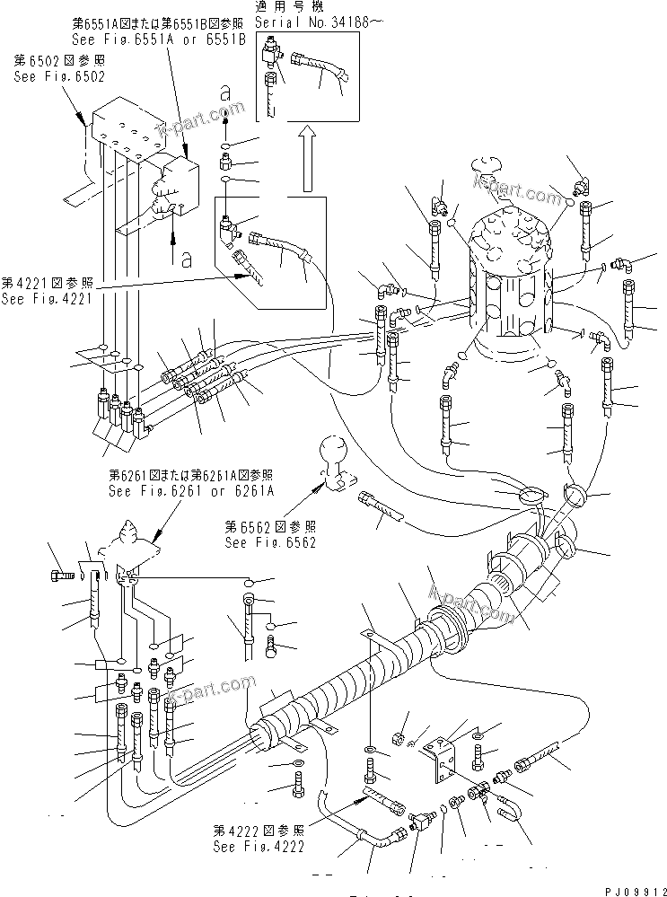 Komatsu parts book diagram for PC100-5 S/N 28001-UP: HYDRAULIC PIPING (WORK EQUIPMENT CONTROL ? L.H.) (FOR LONG LEVER  CONTROL)(MULTI PATTERN) (FOR JAPAN)(#29993-)