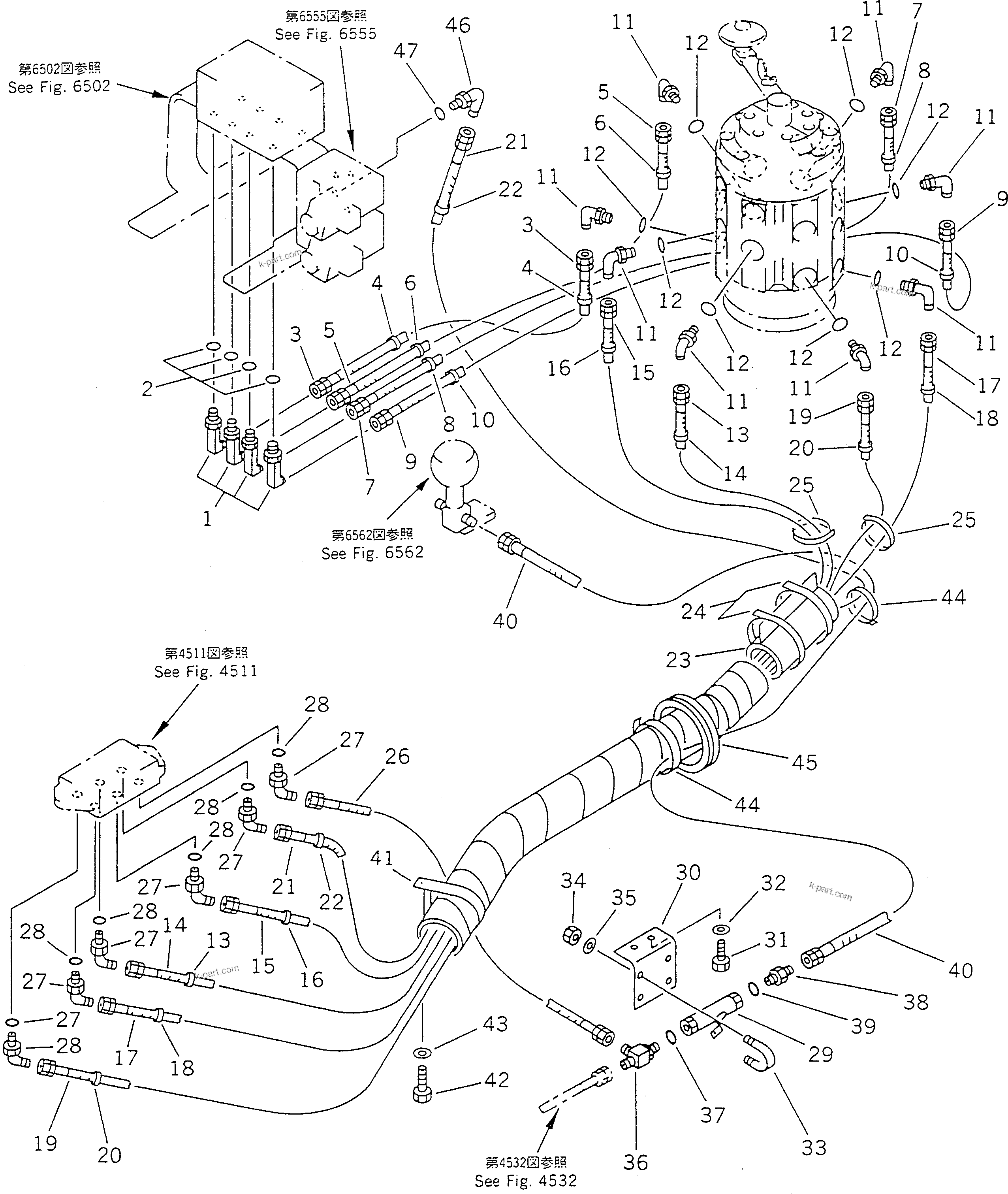 Komatsu parts book diagram for PC100-5 S/N 28001-UP: HYDRAULIC PIPING (WORK EQUIPMENT CONTROL ? L.H.) (MULTI PATTERN)  (FOR WRIST CONTROL) (FOR JAPAN)(#28001-29805)