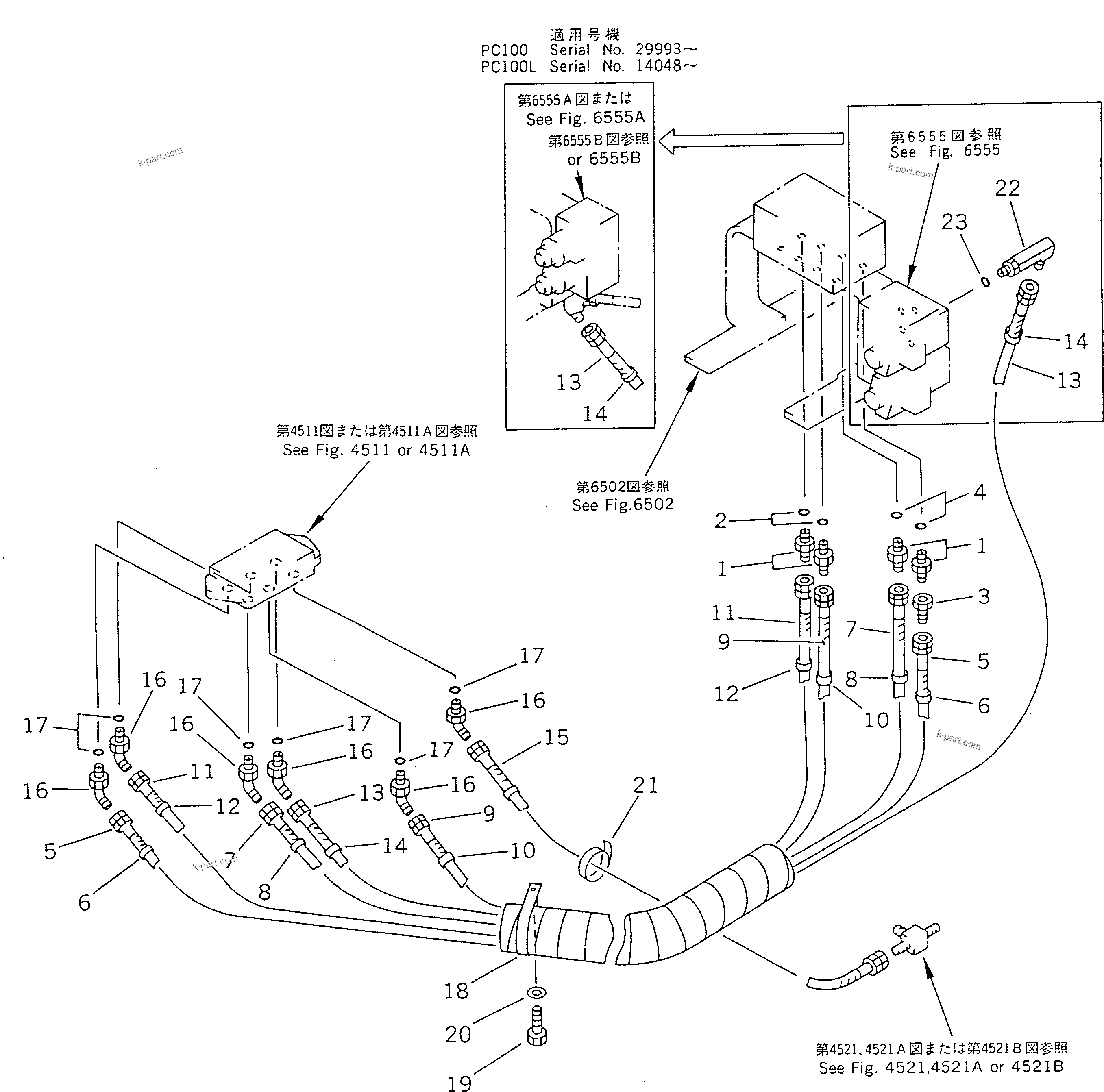Komatsu parts book diagram for PC100-5 S/N 28001-UP: HYDRAULIC PIPING (WORK EQUIPMENT CONTROL ? R.H.)                  (FOR WRIST CONTROL LEVER)