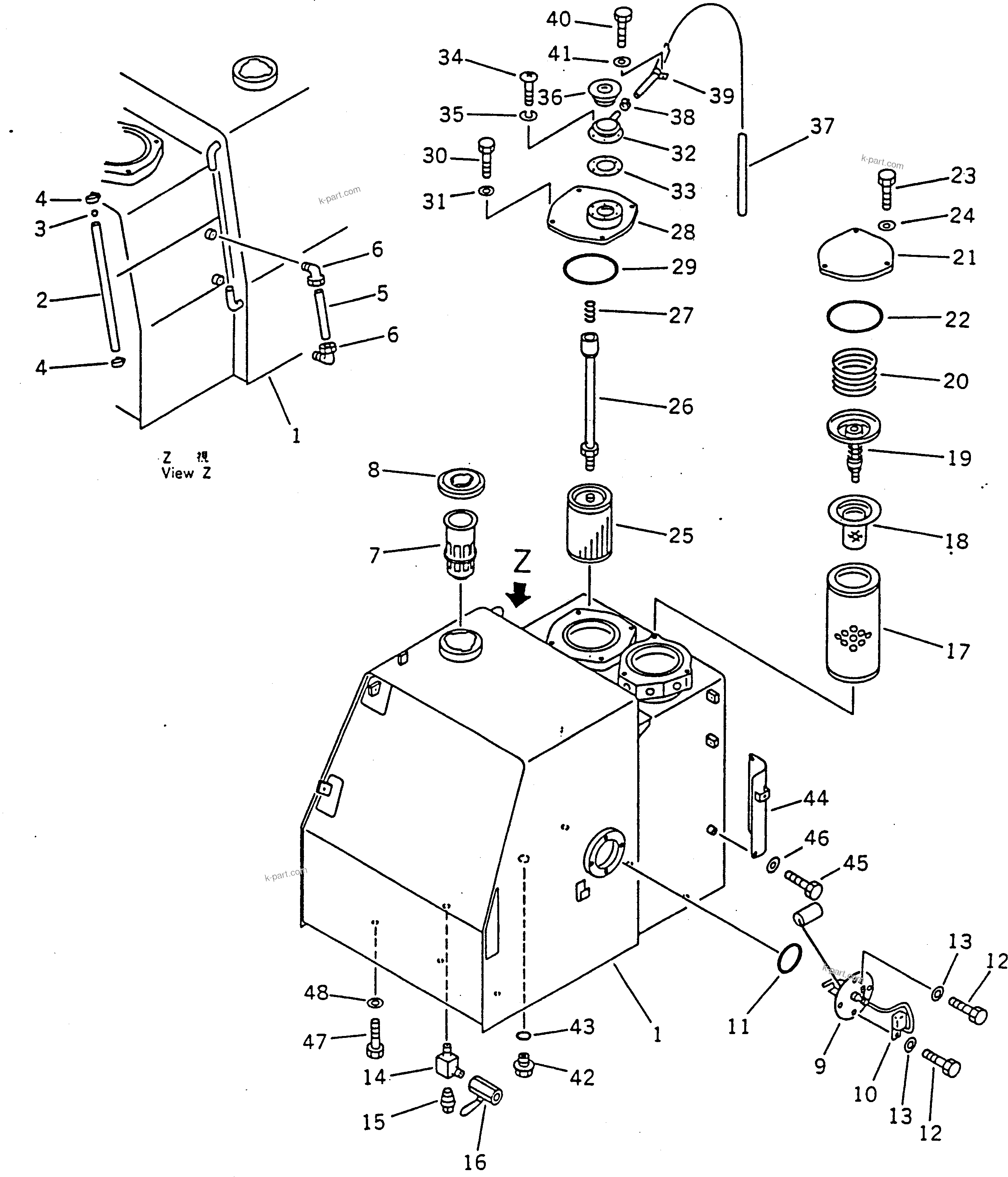 Komatsu parts book diagram for PC100-5 S/N 28001-UP: FUEL AND HYDRAULIC TANK(#28001-29805)