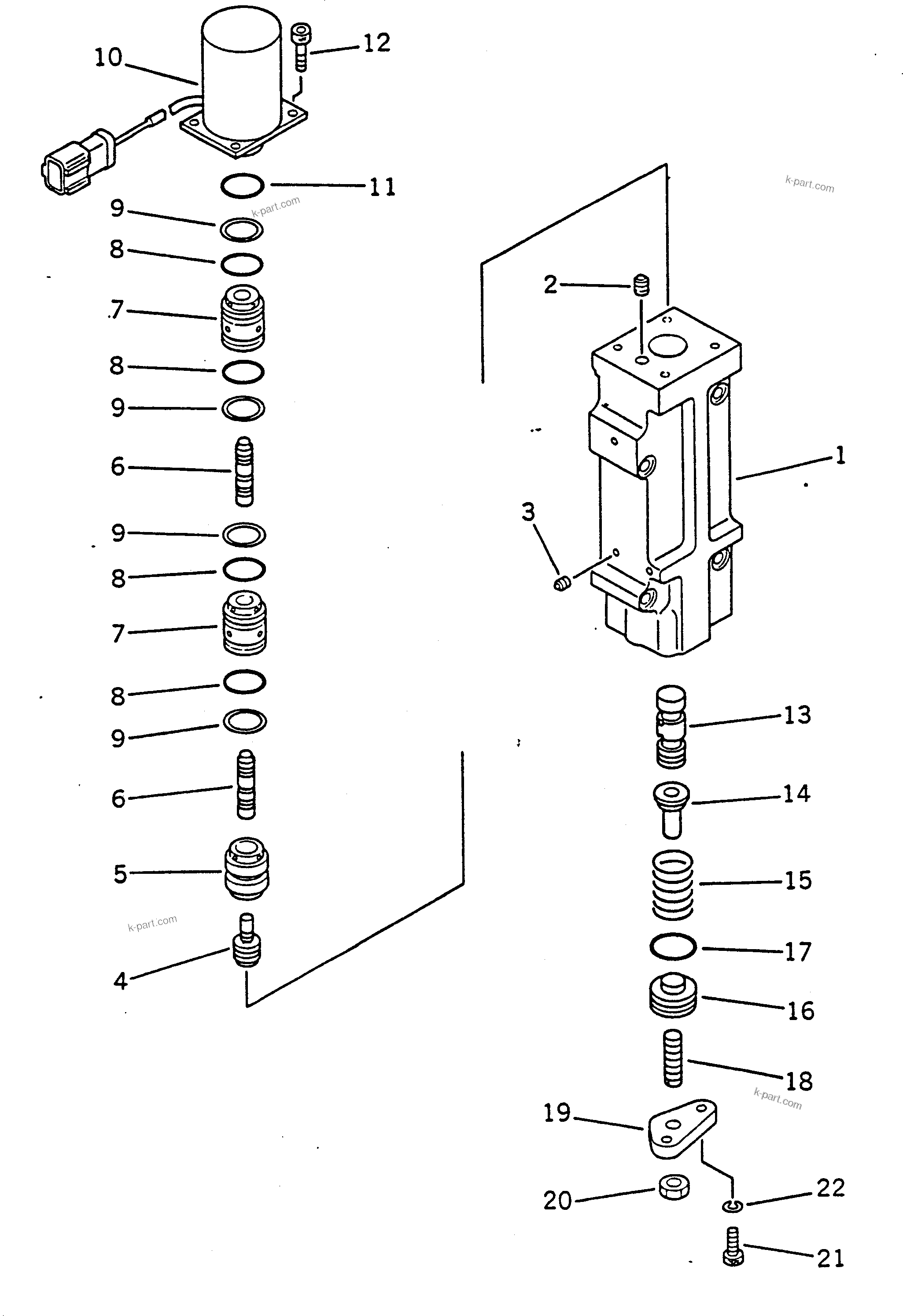 Komatsu parts book diagram for PC100-5 S/N 28001-UP: HYDROULIC PUMP (T.V.C. VALVE ASS'Y ? FRONT) (10/15)