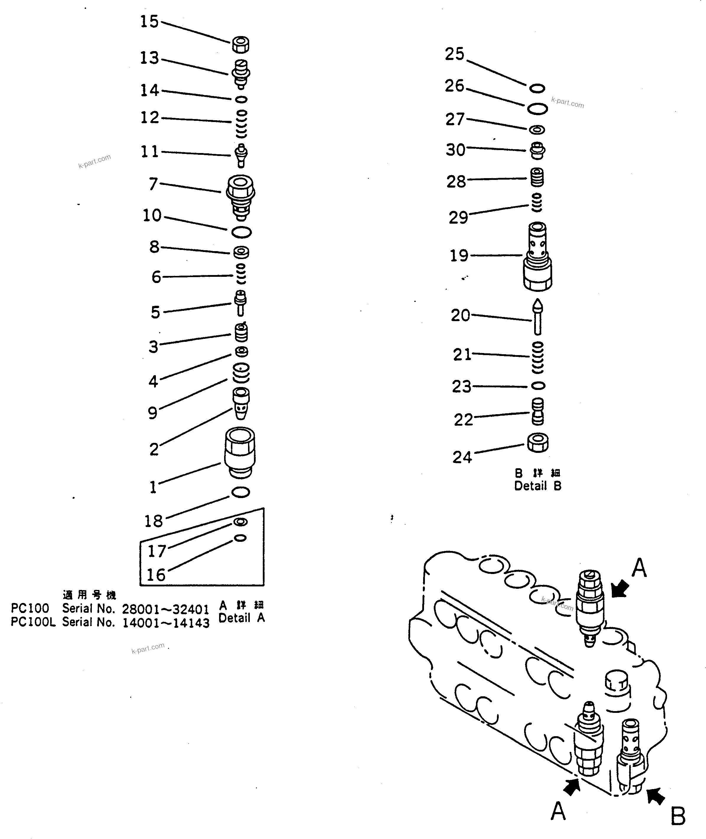 Komatsu parts book diagram for PC100-5 S/N 28001-UP: HYDRAULIC CONTROL VALVE L.H.(4/4)