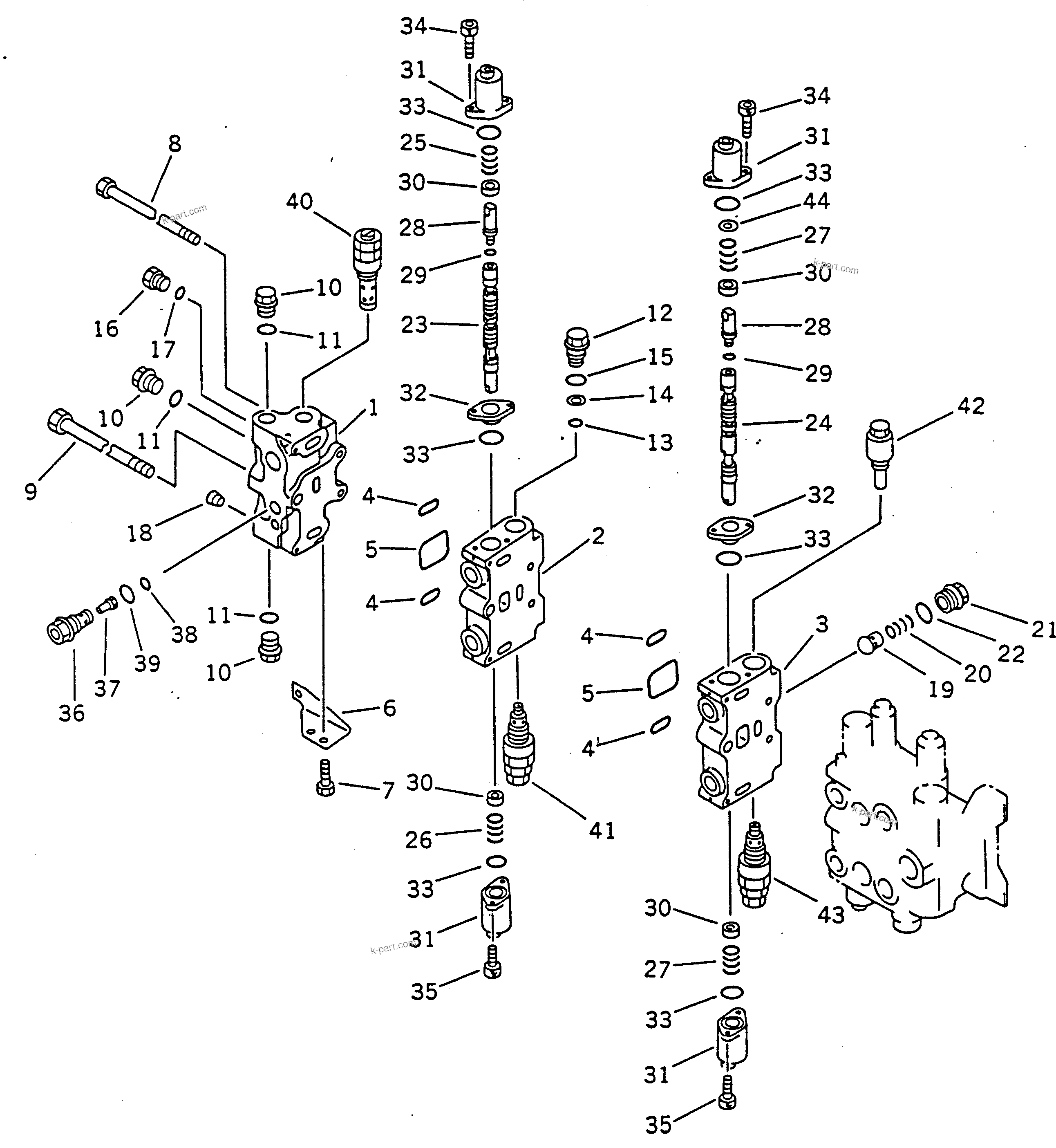Komatsu parts book diagram for PC100-5 S/N 28001-UP: HYDRAULIC CONTROL VALVE R.H.(1/4)