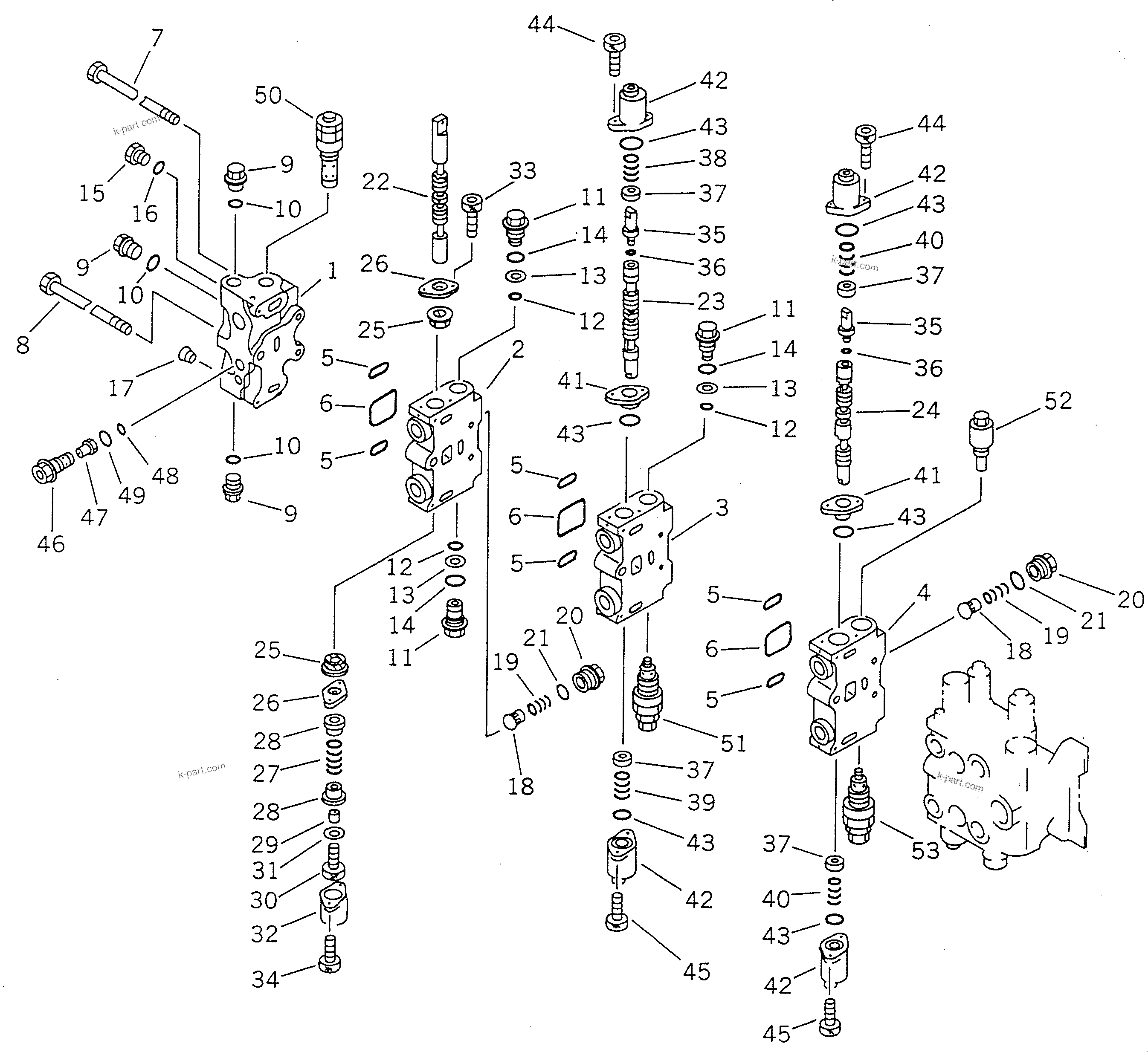 Komatsu parts book diagram for PC100-5 S/N 28001-UP: HYDRAULIC CONTROL VALVE R.H. (1/4) (WITH SERVICE VALVE)(#28001-32401)
