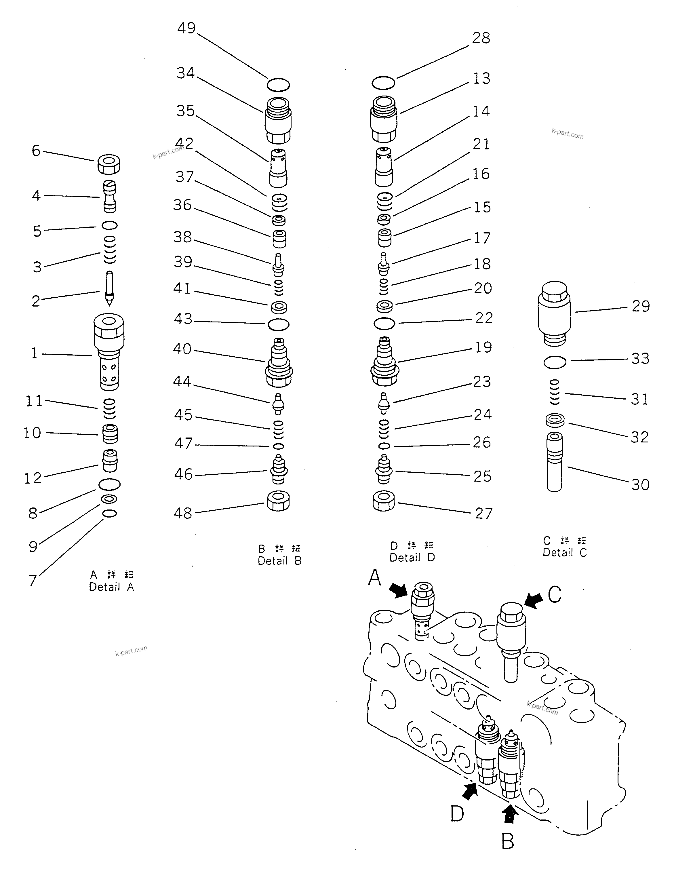 Komatsu parts book diagram for PC100-5 S/N 28001-UP: HYDRAULIC CONTROL VALVE R.H. (3/4) (WITH SERVICE VALVE)(#32402-)