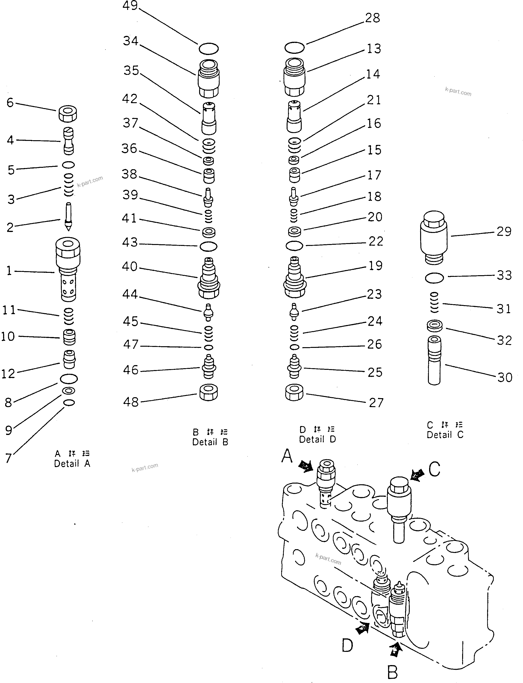 Komatsu parts book diagram for PC100-5 S/N 28001-UP: HYDRAULIC CONTROL VALVE R.H. (3/4) (WITH P.P.C. SERVICE VALVE)   (ATTACHMENT) (FOR JAPAN)(#32402-)