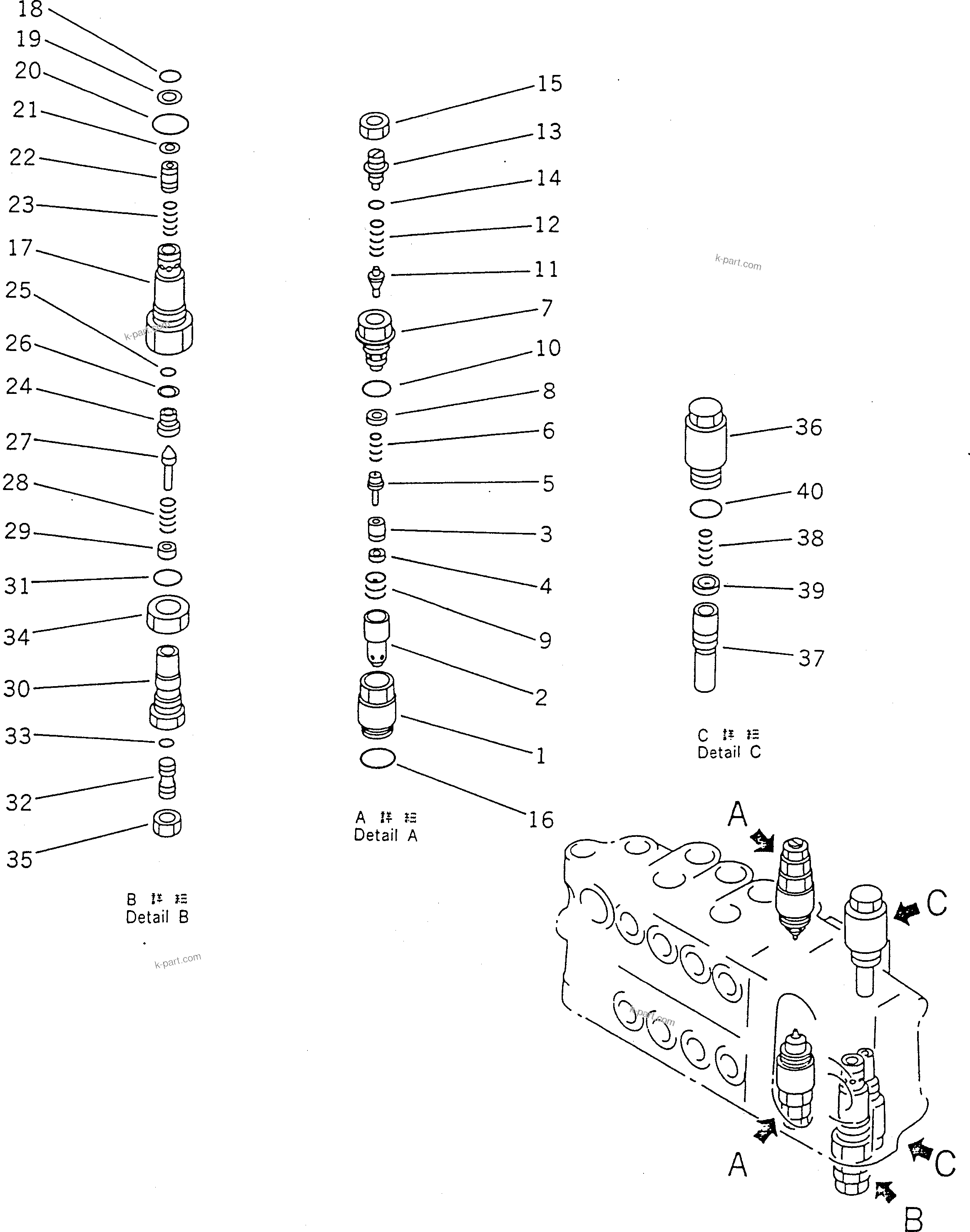 Komatsu parts book diagram for PC100-5 S/N 28001-UP: HYDRAULIC CONTROL VALVE R.H. (4/4) (WITH P.P.C. SERVICE VALVE)   (ATTACHMENT) (FOR JAPAN)(#32402-)
