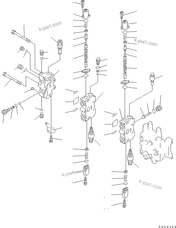 Komatsu parts book diagram for PC100-5 S/N 28001-UP: HYDRAULIC CONTROL VALVE R.H. (1/4) (FOR ADDITIONAL CIRCUIT LINE  ATTACHMENT)