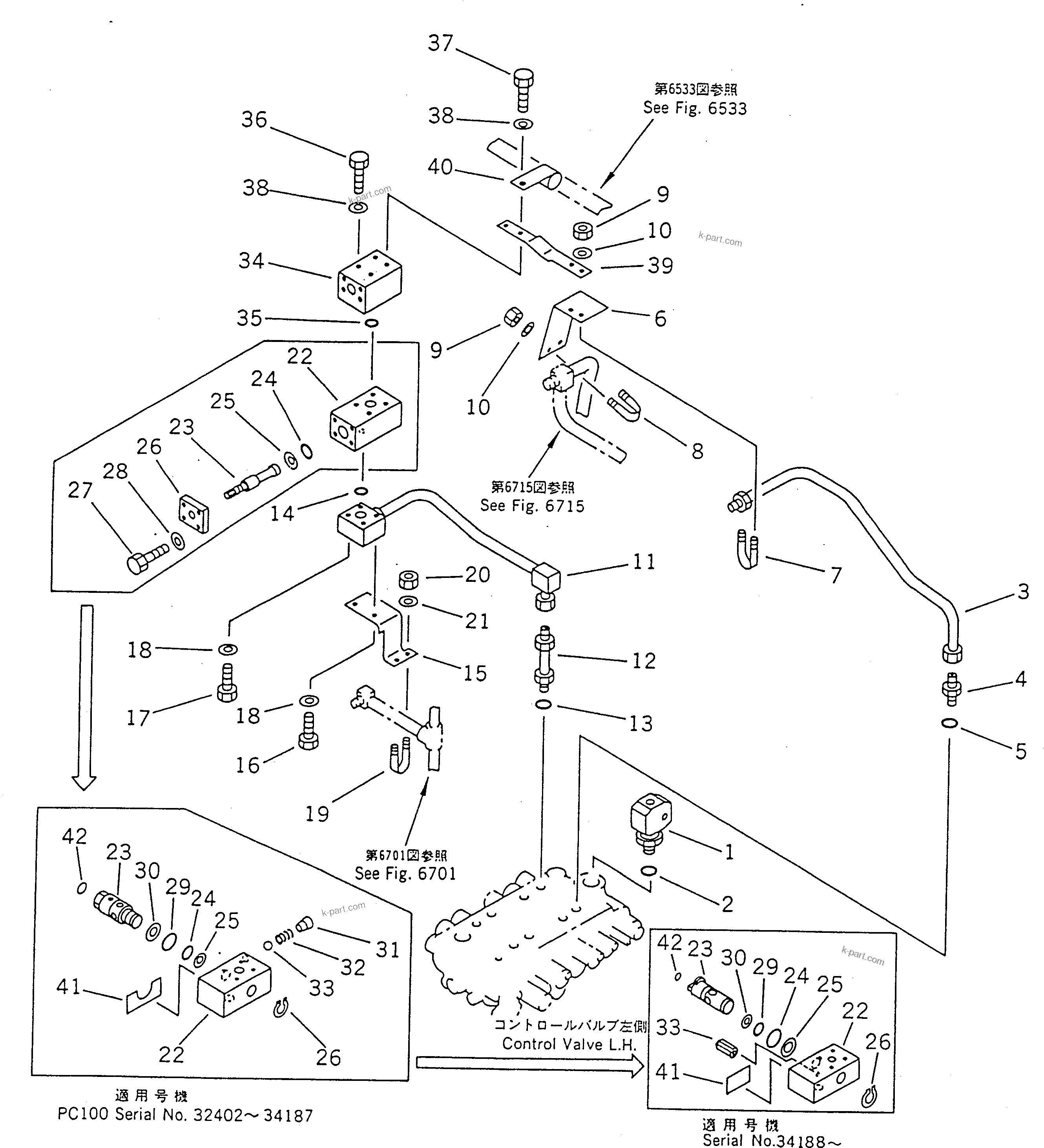 Komatsu parts book diagram for PC100-5 S/N 28001-UP: HYDRAULIC PIPING (OIL COOLER AND RETURN LINE) (1/2)              (FOR BRAKER AND OTHER ATTACHMENT)