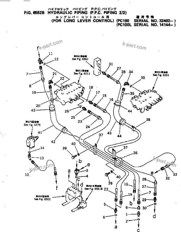 Komatsu parts book diagram for PC100-5 S/N 28001-UP: HYDRAULIC PIPING (P.P.C. PIPING 2/2) (FOR LONG LEVER CONTROL)(#32402-)