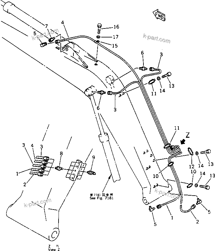 Komatsu parts book diagram for PC100-5 S/N 28001-UP: WORK EQUIPMENT LUBRICATION PIPING