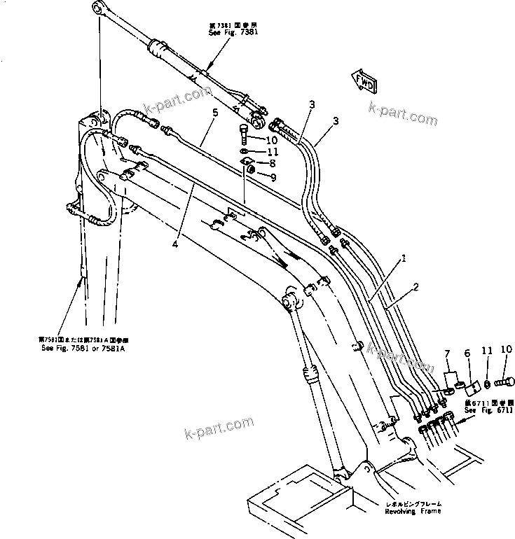 Komatsu parts book diagram for PC100-5 S/N 28001-UP: HYDRAULIC PIPING (ARM AND BUCKET CYLINDER LINE) (BOOM SIDE)