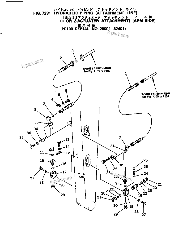 Komatsu parts book diagram for PC100-5 S/N 28001-UP: HYDRAULIC PIPING (ATTACHMENT LINE) (FOR 1 OR 2-ACTUATER          ATTACHMENT) (ARM SIDE)(#28001-32401)