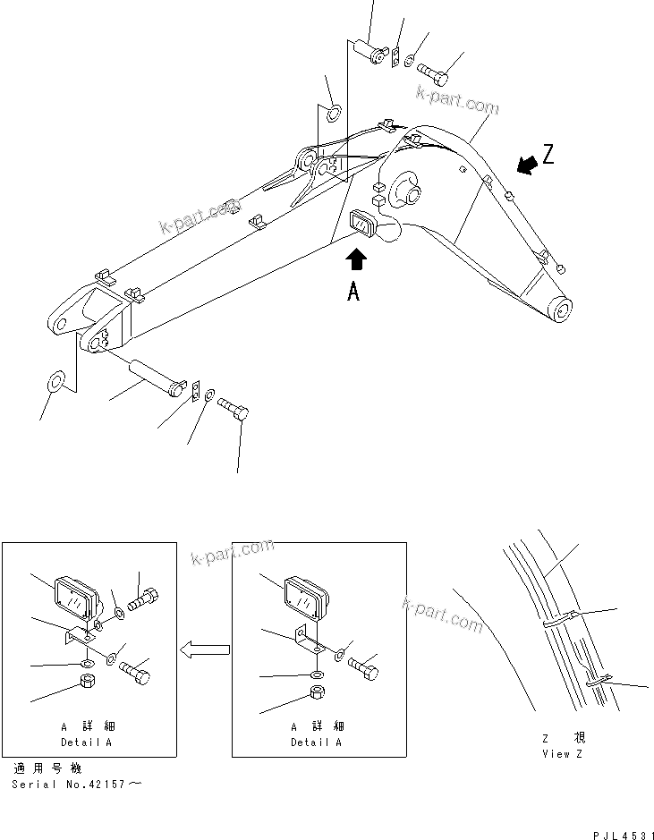Komatsu parts book diagram for PC100-6Z S/N 40001-UP: BOOM LESS (WORK LAMP AND PIN) (KIT)