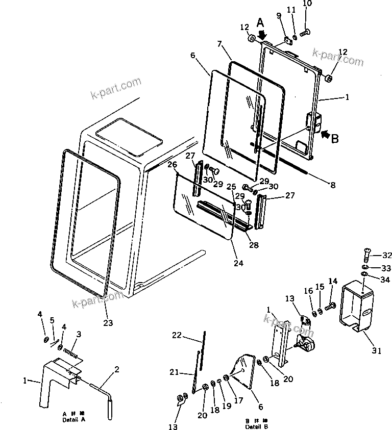 Komatsu parts book diagram for PC1000-1 S/N 10001-UP: LOW MOUNT OPERATOR'S CAB (REAR WINDOW RIGID TYPE) (2/6)(#10001-10157)