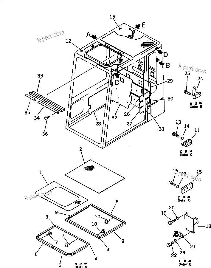 Komatsu parts book diagram for PC1000-1 S/N 10001-UP: HIGH MOUNT OPERATOR'S CAB (RIGHT AND REAR WINDOW RIGID TYPE)(3/6)(#10001-10274)