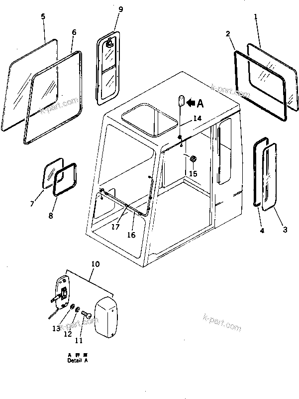 Komatsu parts book diagram for PC1000-1 S/N 10001-UP: LOW MOUNT OPERATOR'S CAB (REAR WINDOW RIGID TYPE) (4/6)(#10001-10157)