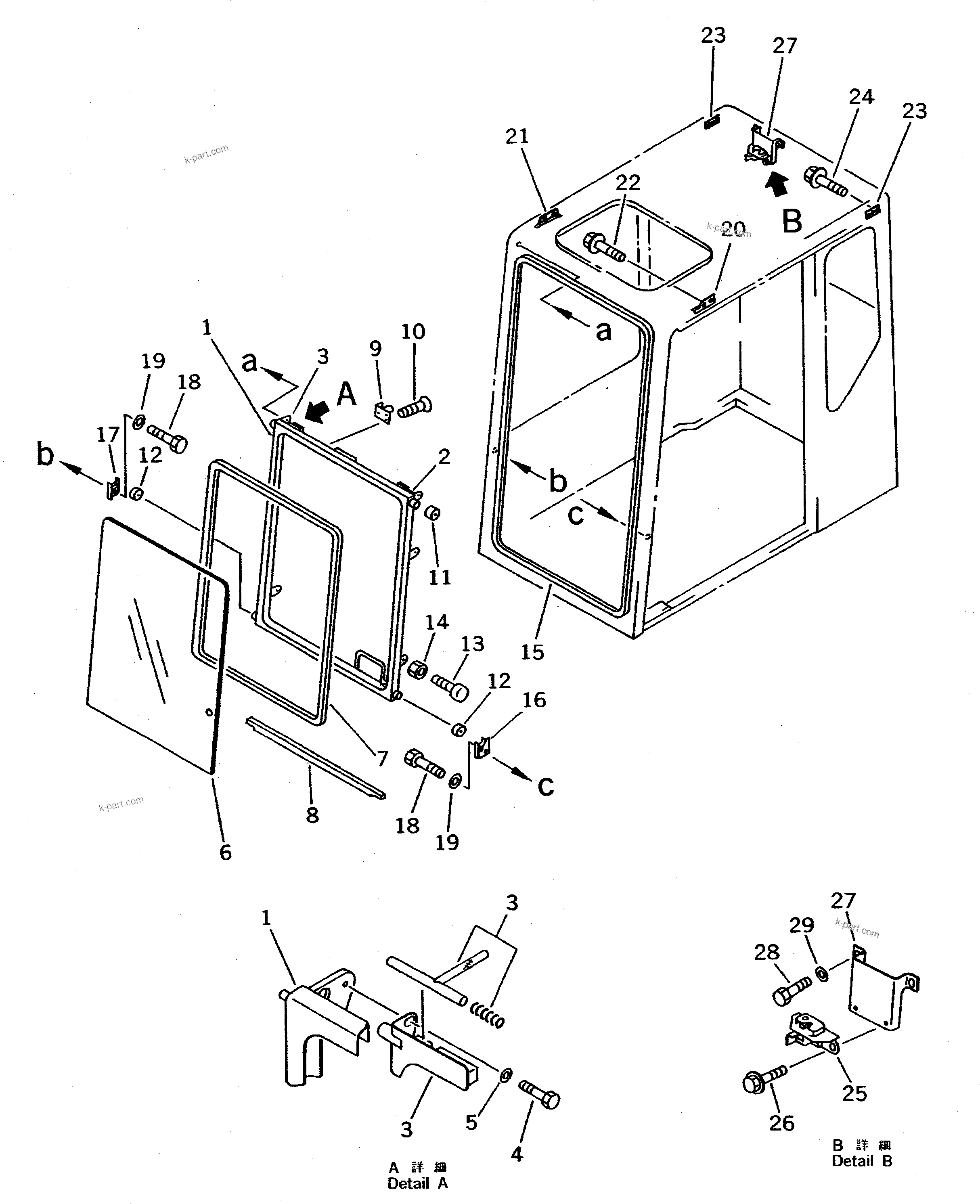 Komatsu parts book diagram for PC1000-1 S/N 10001-UP: HIGH MOUNT OPERATOR'S CAB (REAR WINDOW RIGID TYPE) (WITH RIGHT   WINDOW GUARD) (2/9) (F/HEAD GUARD)(#10354-)