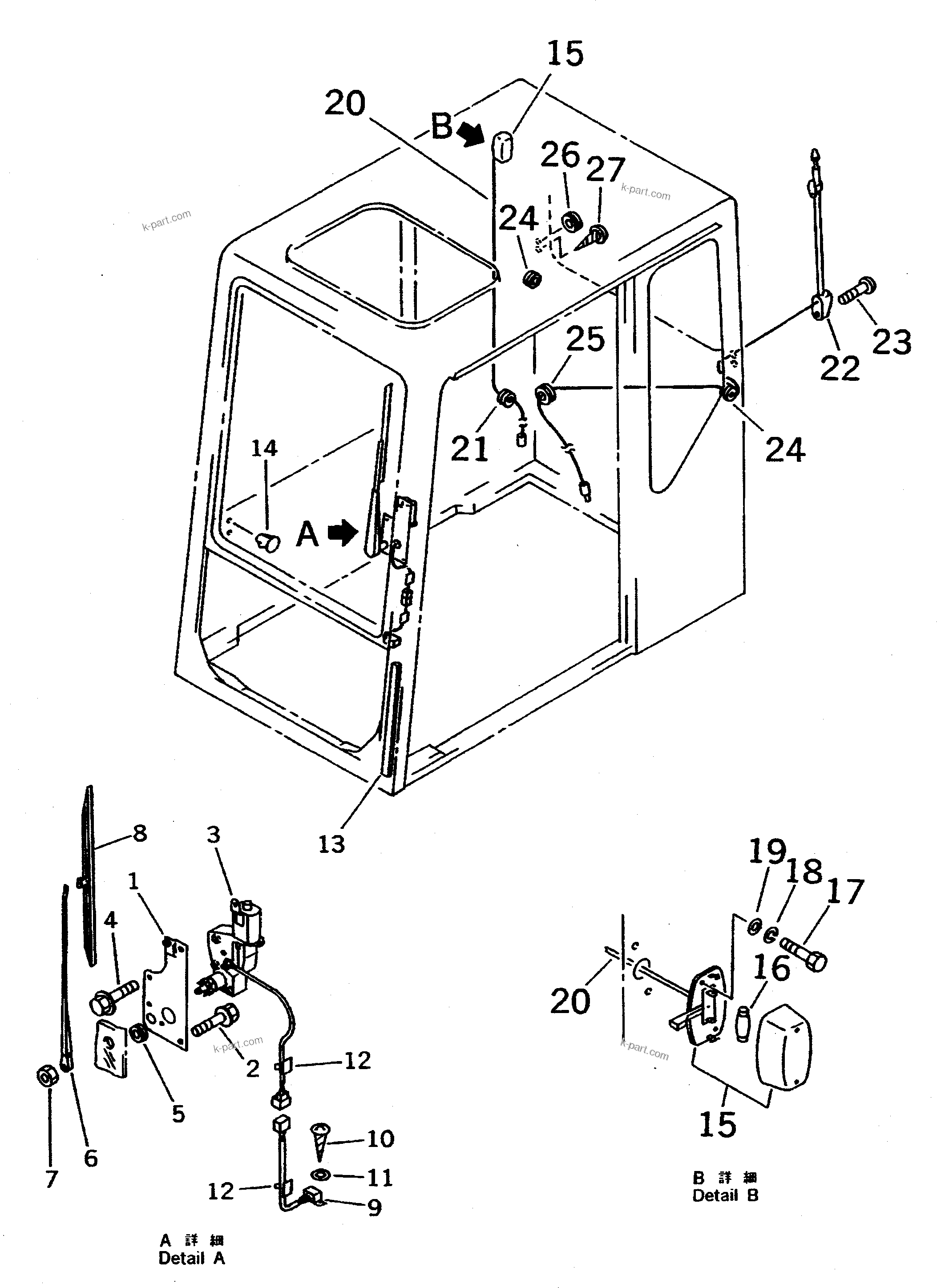 Komatsu parts book diagram for PC1000-1 S/N 10001-UP: HIGH MOUNT OPERATOR'S CAB (RIGHT AND REAR WINDOW RIGID TYPE) (5/9)(#10377-)