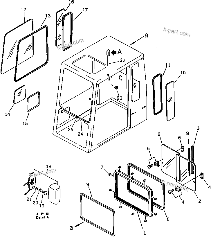 Komatsu parts book diagram for PC1000-1 S/N 10001-UP: HIGH MOUNT OPERATOR'S CAB (REAR WINDOW SASH TYPE) (4/6)(#10001-10274)