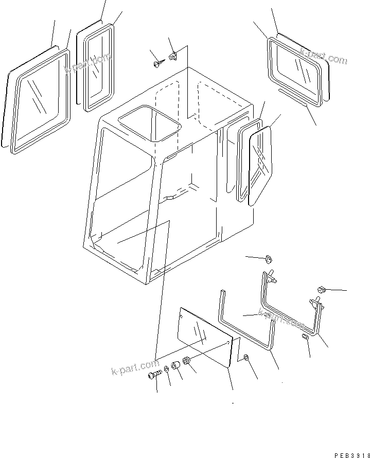 Komatsu parts book diagram for PC1000-1 S/N 10001-UP: HIGH MOUNT OPERATOR'S CAB (RIGHT AND REAR WINDOW RIGID TYPE) (3/9)(#10377-)