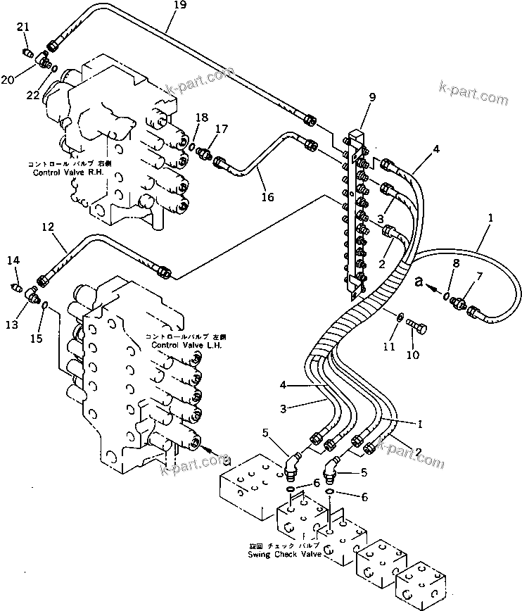 Komatsu parts book diagram for PC1000-1 S/N 10001-UP: PPC CHECK VALVE TO/FROM CONTROL VALVE PIPING                     (FOR BOTTOM DUMP LOADER)