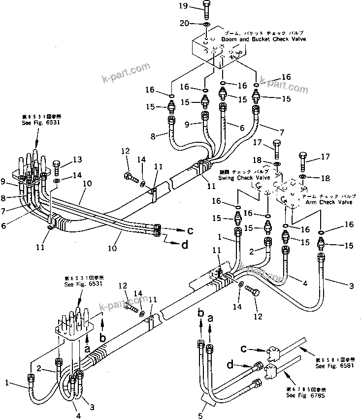 Komatsu parts book diagram for PC1000-1 S/N 10001-UP: BRACKET TO/FROM CHECK VALVE PIPING (FOR LOADER) (FOR LOW CAB)