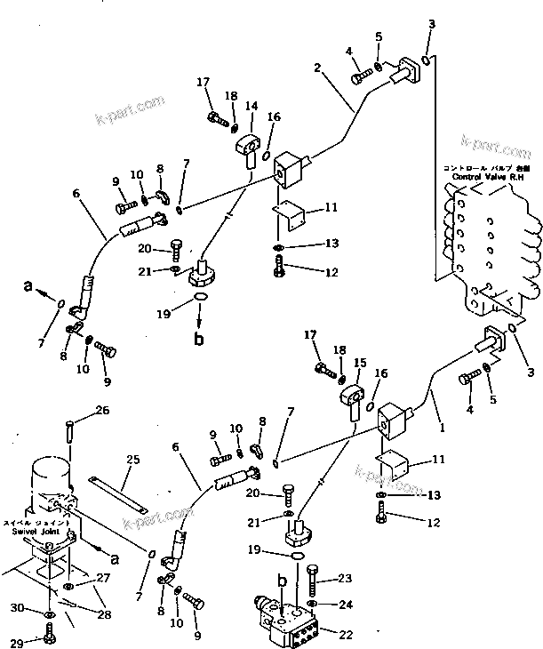 Komatsu parts book diagram for PC1000-1 S/N 10001-UP: CONTROL VALVE ? L.H. TO/FROM SWIVEL JOINT PIPING(#10001-10033)