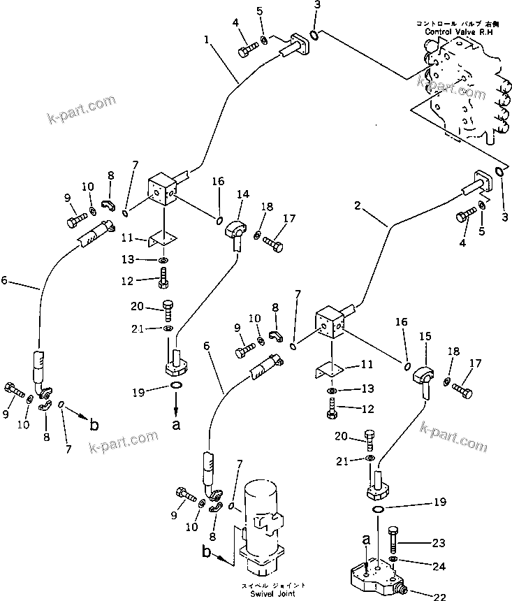 Komatsu parts book diagram for PC1000-1 S/N 10001-UP: CONTROL VALVE ? R.H. TO/FROM SWIVEL JOINT PIPING(#10001-10033)