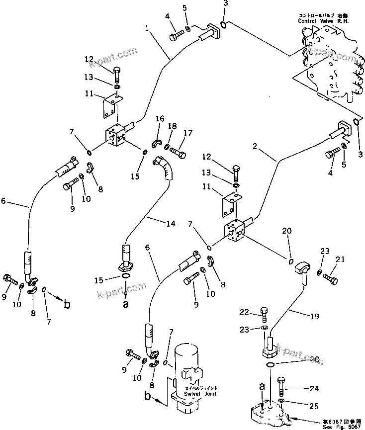Komatsu parts book diagram for PC1000-1 S/N 10001-UP: CONTROL VALVE ? R.H. TO/FROM SWIVEL JOINT PIPING(#10034-)