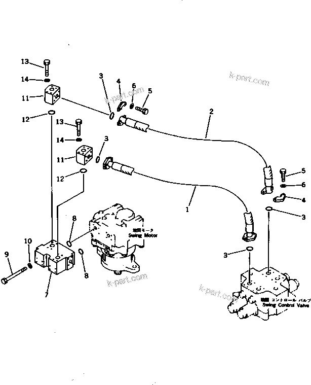 Komatsu parts book diagram for PC1000-1 S/N 10001-UP: REAR SWING MOTOR PIPING (WITH FREE SWING) (EXCEPT JAPAN)