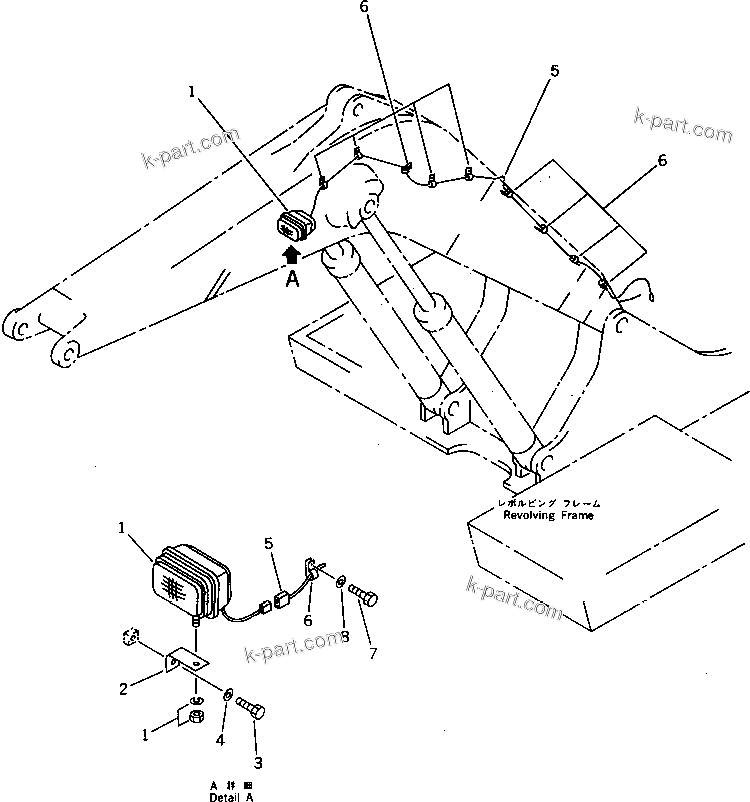 Komatsu parts book diagram for PC1000-1 S/N 10001-UP: WORKING LAMP (BOOM SIDE) (FOR SHORT BOOM)