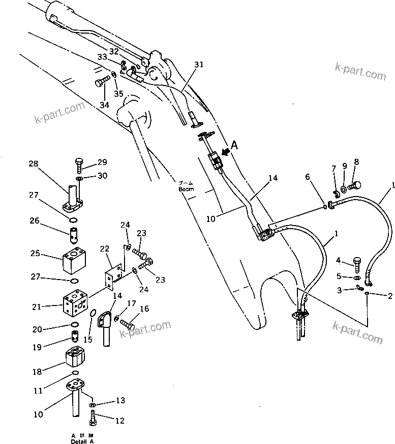 Komatsu parts book diagram for PC1000-1 S/N 10001-UP: ARM CYLINDER PIPING (CYLINDER HEAD LINE) (FOR SHORT BOOM)