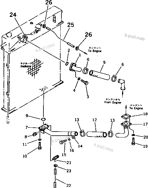 Komatsu parts book diagram for PC1000SP-1 S/N 10001-UP: RADIATOR PIPING (WITH LARGE CAPACITY RADIATOR)(#10340-)