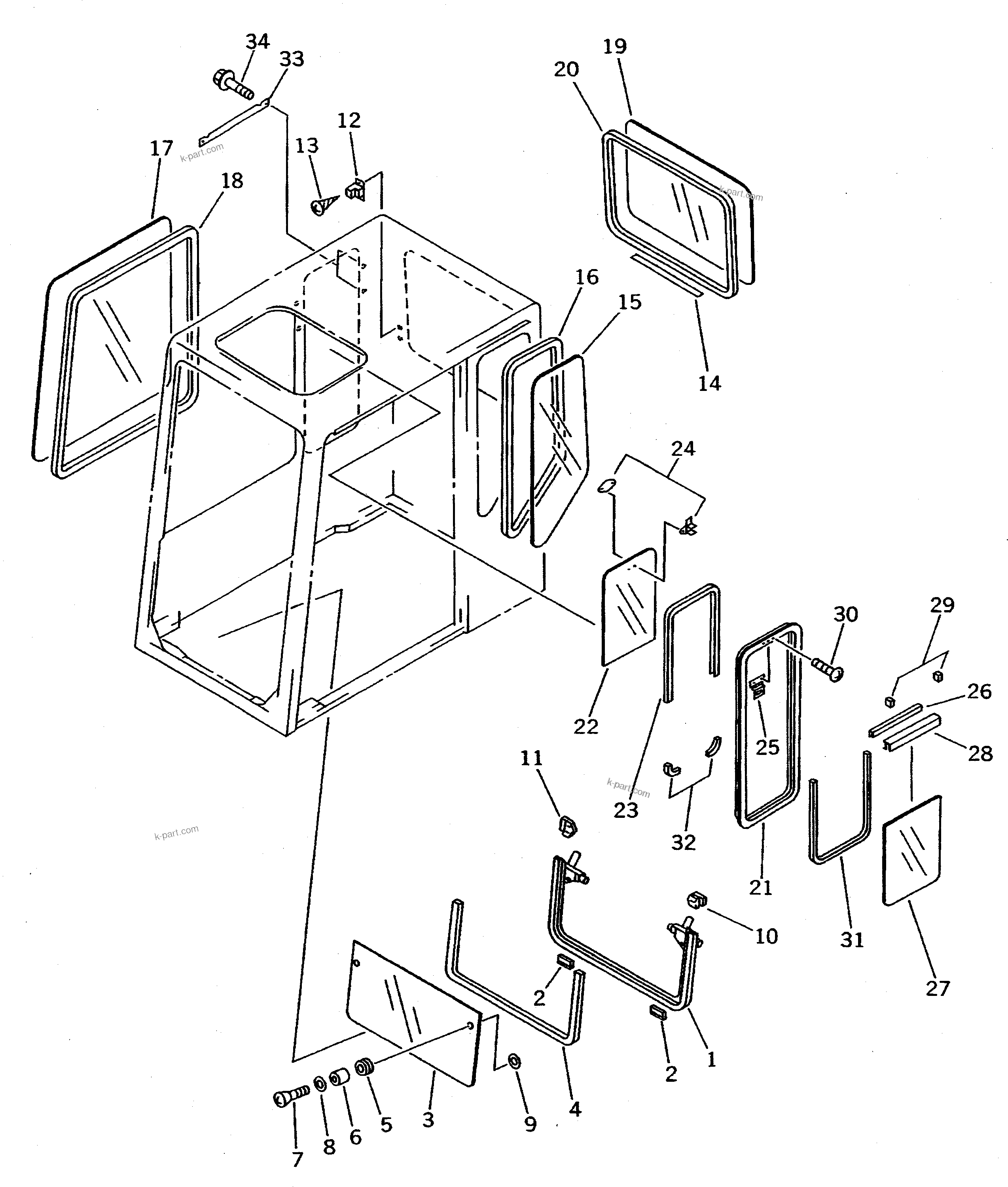 Komatsu parts book diagram for PC1000SP-1 S/N 10001-UP: LOW MOUNT OPERATOR'S CAB (REAR WINDOW RIGID TYPE) (WITH RIGHT    WINDOW GUARD) (3/9) (F/HEAD GUARD)(#10354-)