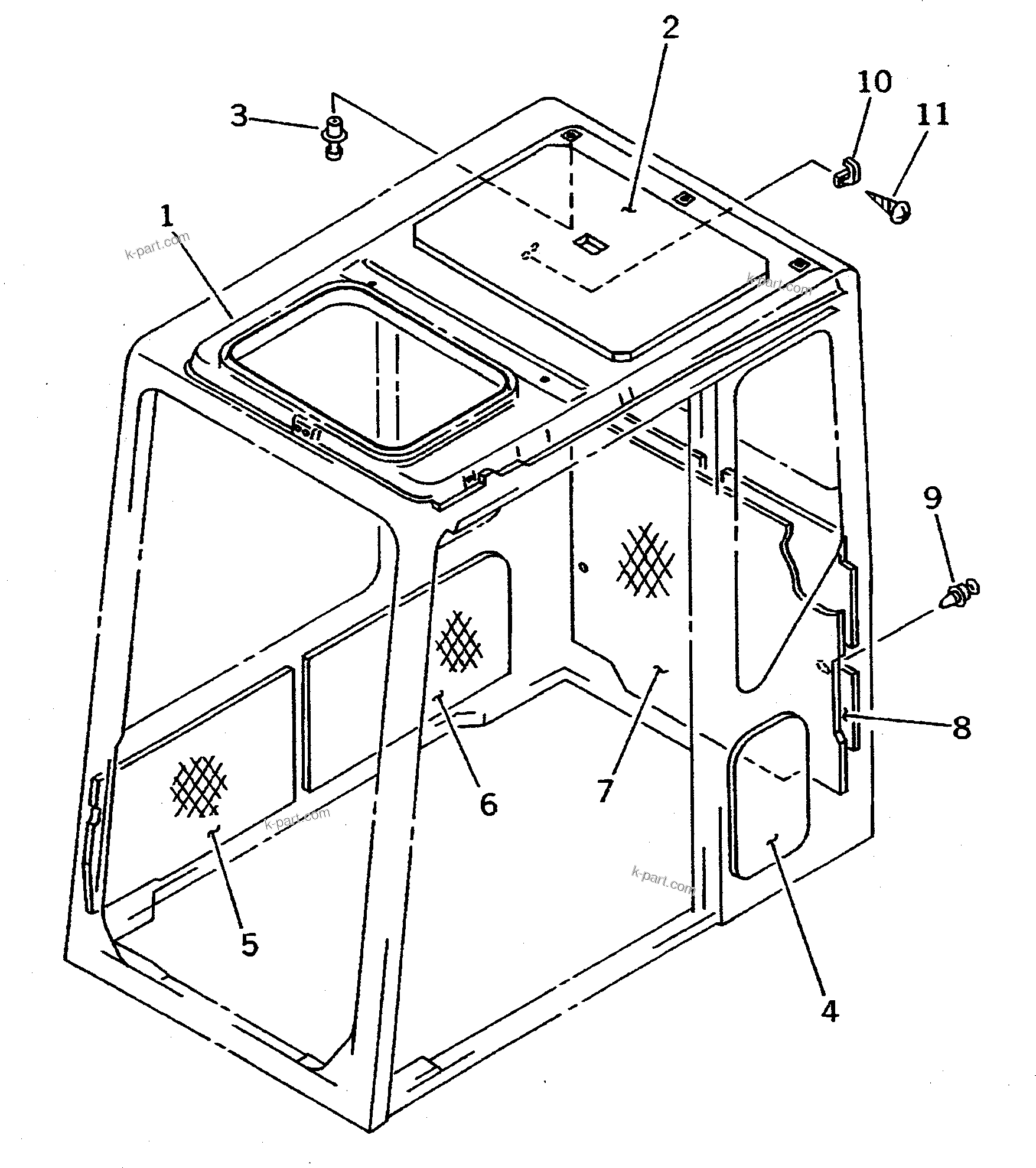 Komatsu parts book diagram for PC1000SP-1 S/N 10001-UP: LOW MOUNT OPERATOR'S CAB (REAR WINDOW RIGID TYPE) (6/9)          (FOR HEAD GUARD)(#10354-)