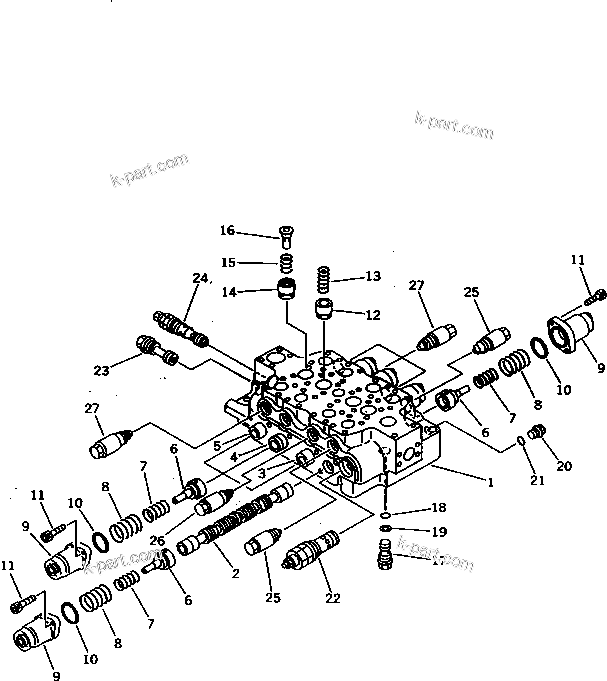 Komatsu parts book diagram for PC1000SP-1 S/N 10001-UP: R.H. CONTROL VALVE (1/4)