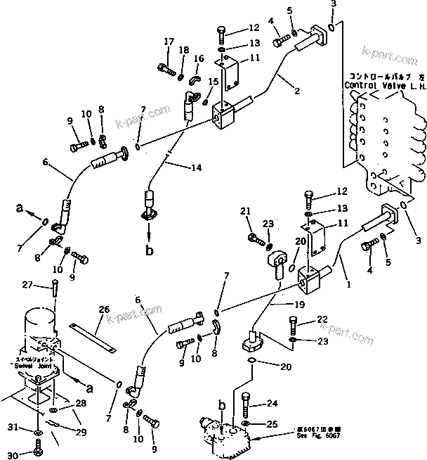 Komatsu parts book diagram for PC1000SP-1 S/N 10001-UP: CONTROL VALVE ? L.H. TO/FROM SWIVEL JOINT PIPING (+55ЯC SPEC.)(#10340-)