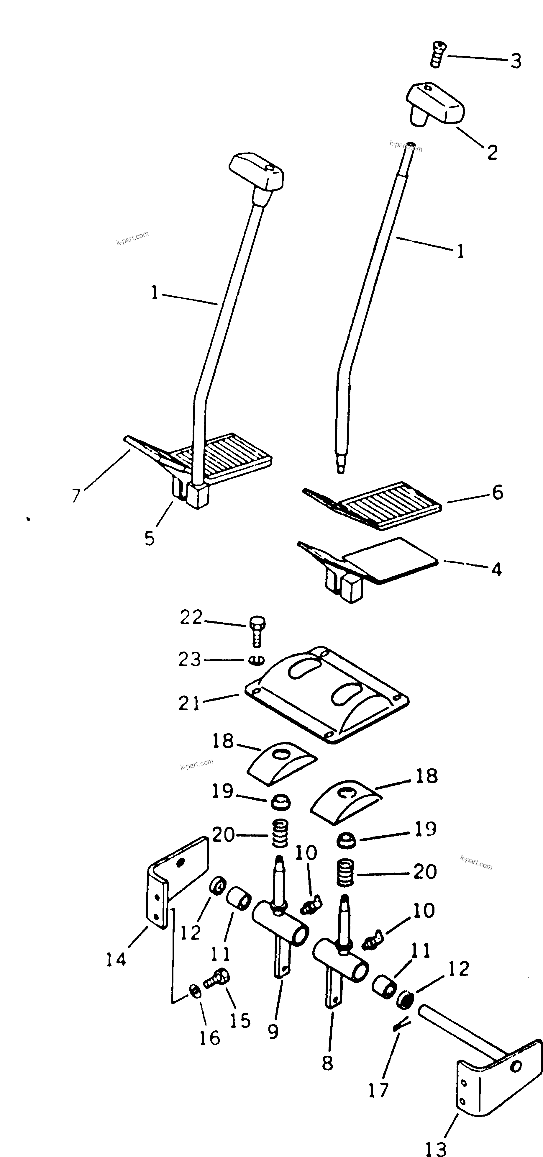 Komatsu parts book diagram for PC100L-3 S/N 12001-UP: TRAVEL CONTROL LEVER AND PEDAL (FOR LONG LEVER CONTROL)(#12001-12014)