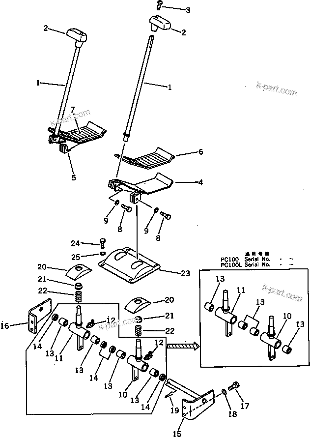 Komatsu parts book diagram for PC100L-3 S/N 12001-UP: TRAVEL CONTROL LEVER AND PEDAL (FOR LONG LEVER CONTROL)(#12015-)