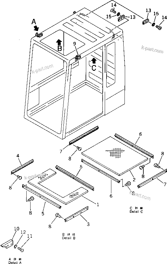 Komatsu parts book diagram for PC100L-3 S/N 12001-UP: OPERATOR'S CAB (3/6) (EXCEPT JAPAN)(#12001-12312)